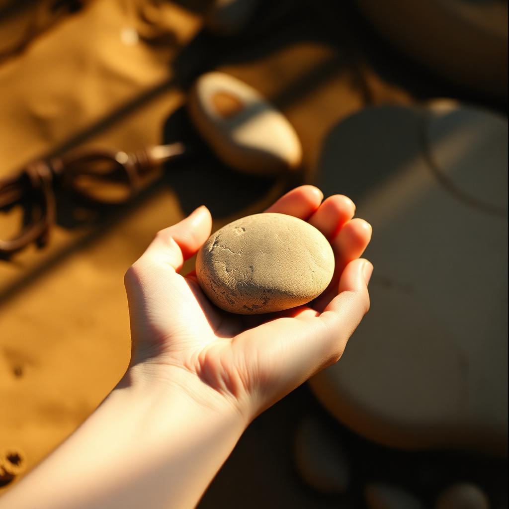 Hand cradling a smooth stone in warm sunlight